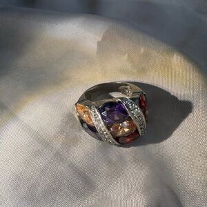 Express Silver Ring with Purple and Orange Gems